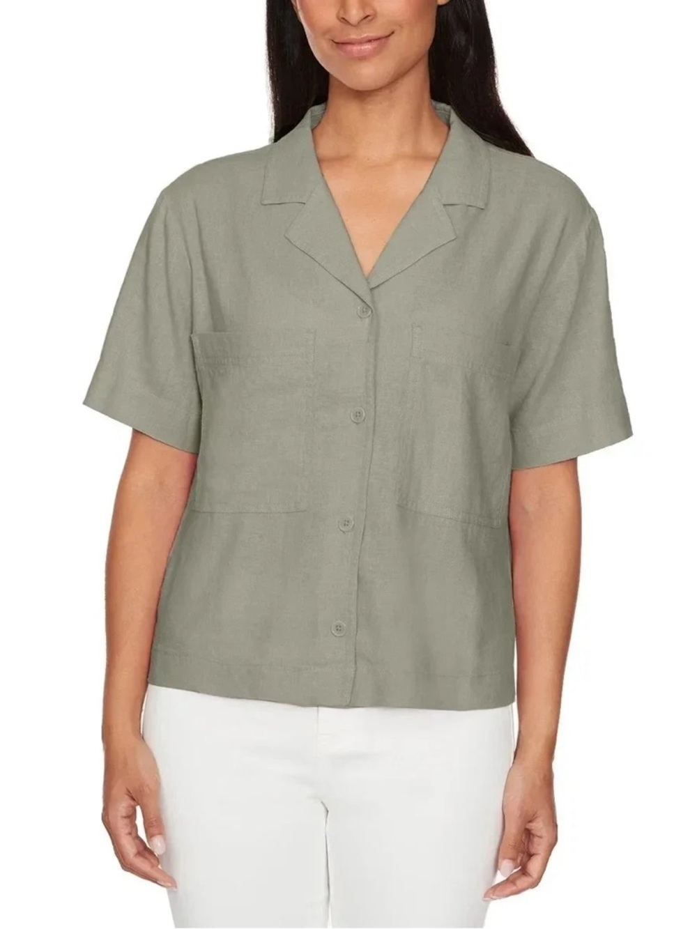Buffalo David - Women's Linen Blend Short Sleeve Button Front Shirt